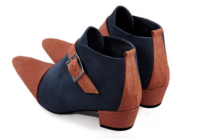 Terracotta orange and navy blue women's ankle boots with buckles at the front. Tapered toe. Low cone heels. Rear view - Florence KOOIJMAN